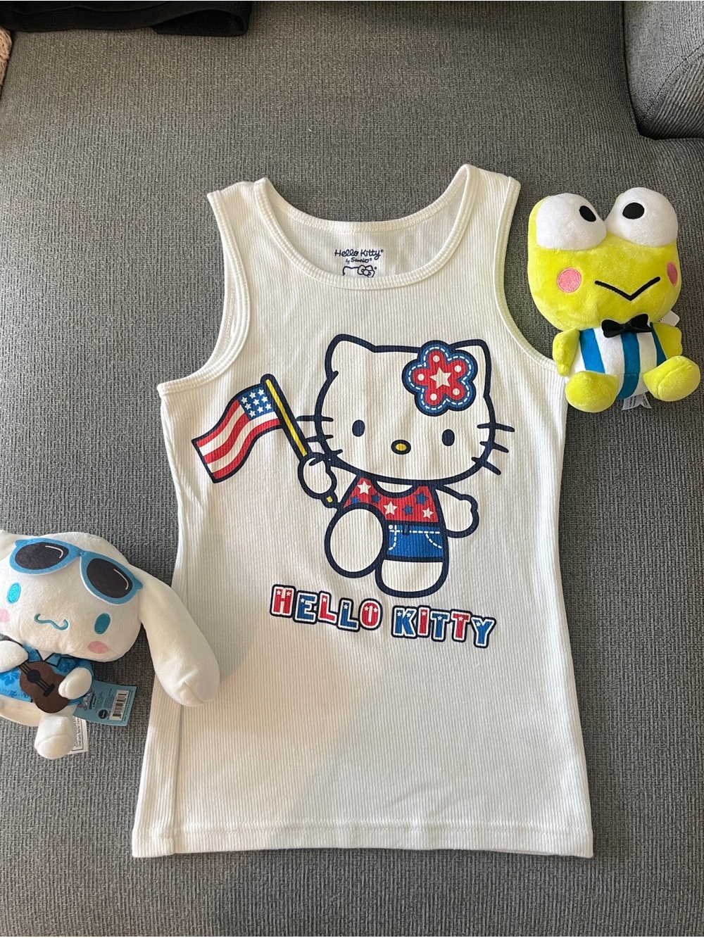 Y2K Hello Kitty White Tank Top (Girls Large/Women’s XS) - American Flag Graphic